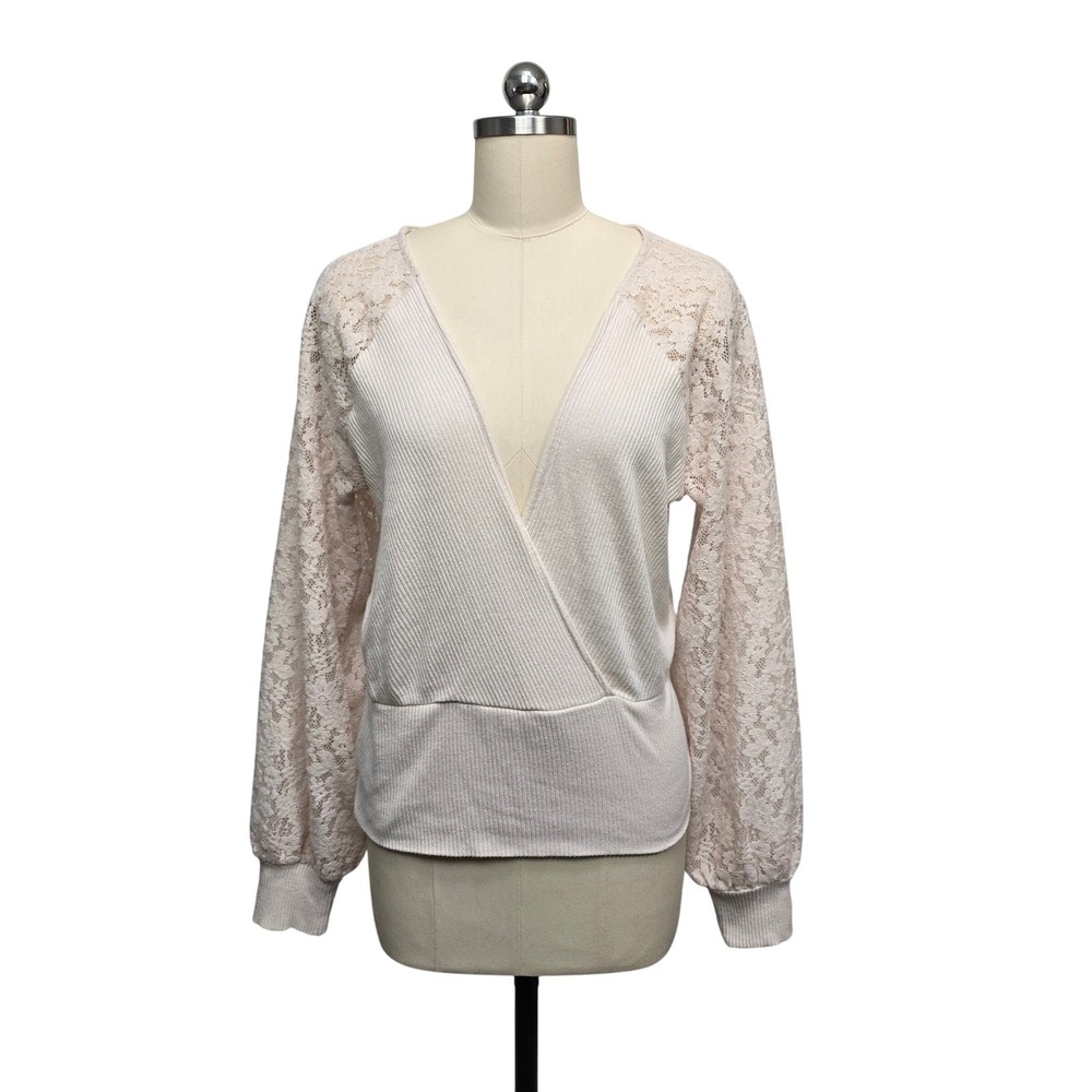 Anthropologie Lace Sleeve Wrap‎ Knit Ribbed Sweater Top Ivory Cream Size L